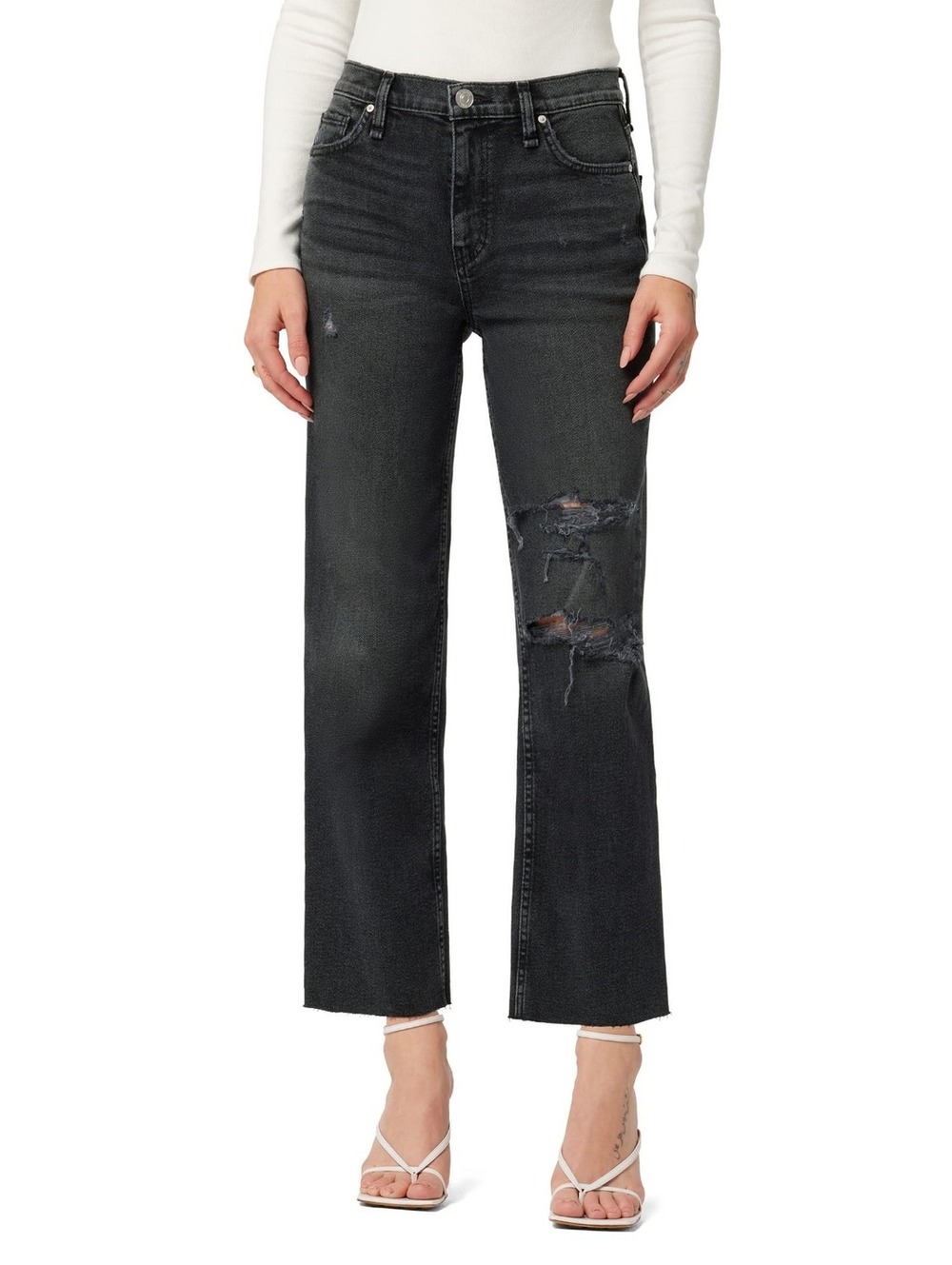 Hudson Women's Remi High Rise Cropped Distressed Straight Leg Jean Black 25